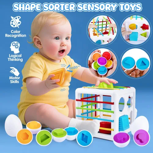Vista 5 de Juguetes 6 en 1 para bebés de 6 a 12 meses, juguete Montessori para niños de 1 año, juguete de dentición para bebés, apilar tazas, cubo sensorial
