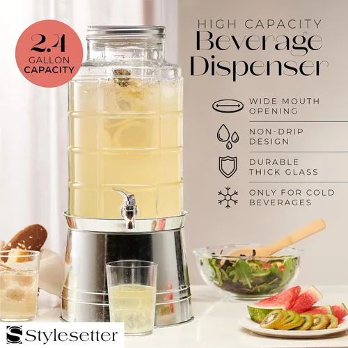 Vista 3 de Style Setter - Dispensador de bebidas Patchwork. Dispensador de bebidas frías de alta calidad con jarra de vidrio de capacidad de 2.4 galones