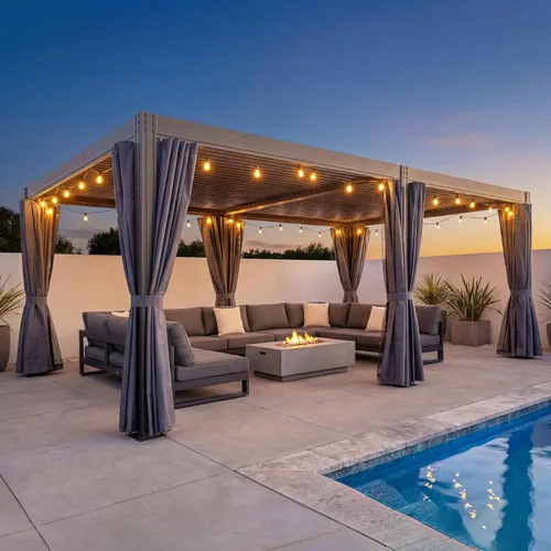 Vista 14 de Domi - Pérgola de aluminio para exteriores de 10 x 10 pulgadas con cortinas y malla Marrón oscuro