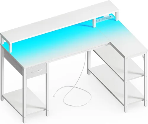Vista 13 de SUPERJARE Escritorio reversible en forma de L de 47 pulgadas con luces LED y tomas de corriente, escritorio para computadora con estantes y soporte