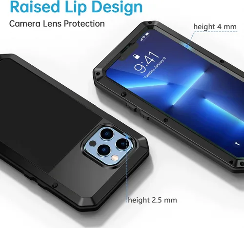 Vista 4 de Lanhiem Funda metálica para iPhone 13 Pro, resistente a los golpes, con protector de pantalla de vidrio integrado, funda protectora de cuerpo Negro
