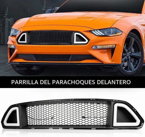 Vista 2 de G-PLUS Parachoques delantero de malla superior del capó parrilla con luces LED DRL de ventilación compatibles con Ford Mustang 2015-2017