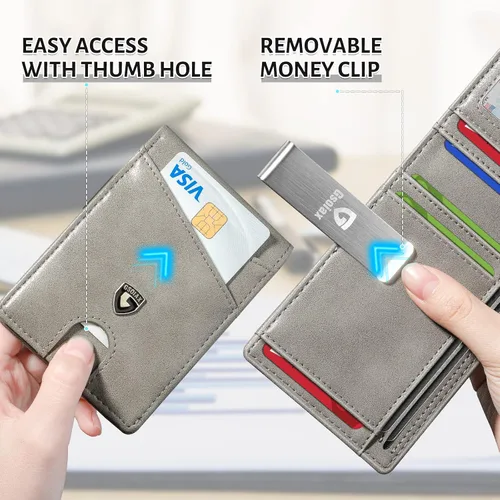 Vista 12 de GSOIAX Cartera delgada de cuero plegable RFID para hombre, billetera minimalista con bolsillo frontal con clip para dinero, 12 ranuras para Negro