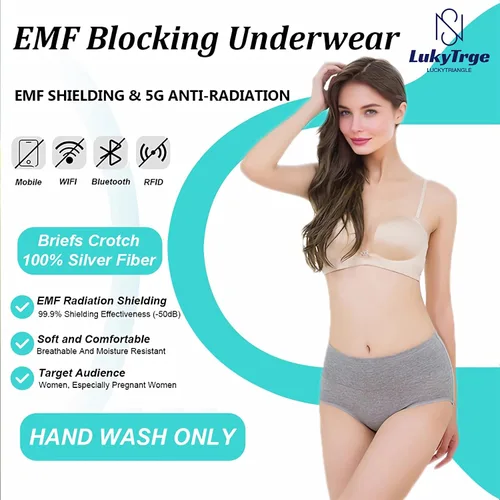 Vista 2 de Ropa interior para mujer con bloqueo EMF, de cintura media, antiradiación, escudo faraday, bragas elásticas de fibra plateada