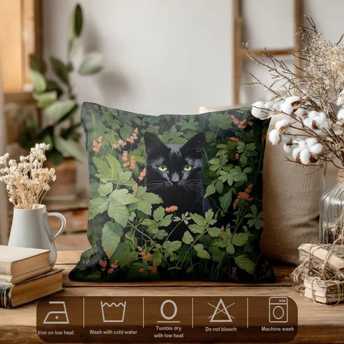 Vista 3 de Batmerry Fundas de almohada decorativas con estampado digital de hojas verdes y gatos negros con estampado digital para sofá, cama, cremallera
