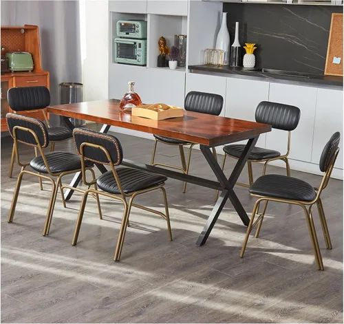 Vista 10 de Juego de 2 sillas de comedor modernas de mediados de siglo, sillas retro con asiento/respaldos tapizados de piel sintética y patas de metal Negro