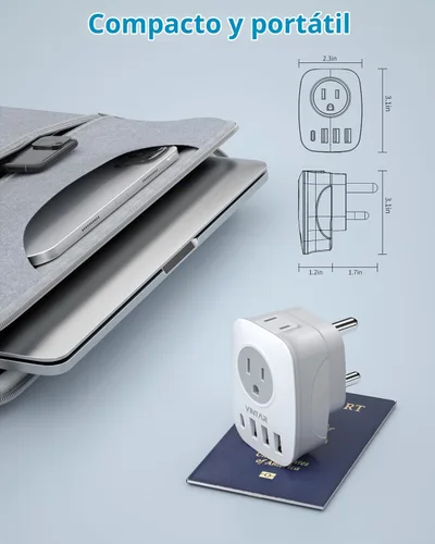 Vista 5 de Paquete de 2 adaptadores de enchufe de Sudáfrica, adaptador de enchufe VINTAR tipo M con 1 USB C, 3 puertos USB y 2 enchufes estadounidenses