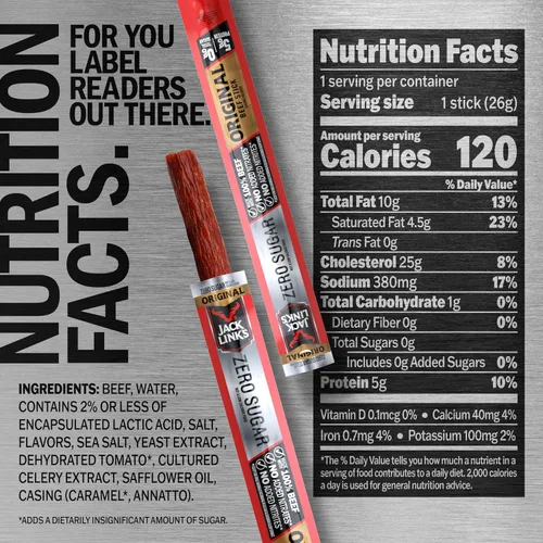 Vista 2 de Jack Link's Original Zero Sugar Beef Sticks – Palitos de carne de 0.92 oz – Snacks proteicos listos para comer – 0.18 oz de proteína por porción