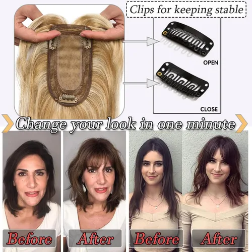 Vista 4 de Toppers para el cabello para mujeres con cabello delgado, base de seda real, clip en toppers con flequillo para pérdida de cabello, cabello gris, 10