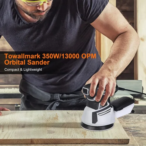 Vista 2 de Towallmark - Lijadora orbital, lijadora orbital aleatoria de 350 W 2.6 A con 6 velocidades variables, 13000 RPM, 12 papeles de lija, sistema