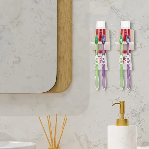 Vista 6 de 2 soportes autoadhesivos para cepillos de dientes montados en la pared, gancho para cepillos de dientes a prueba de agua, 3 en 1 con soporte