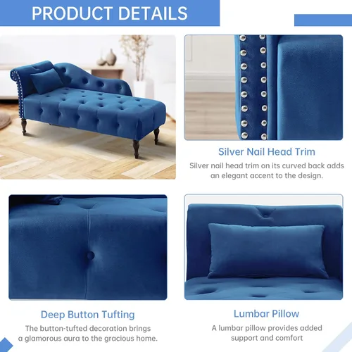 Vista 4 de Chaise Lounge - Silla de terciopelo para interiores con almohada, con botones copetudos, brazo derecho, con ribete de cabeza de clavos y patas Azul
