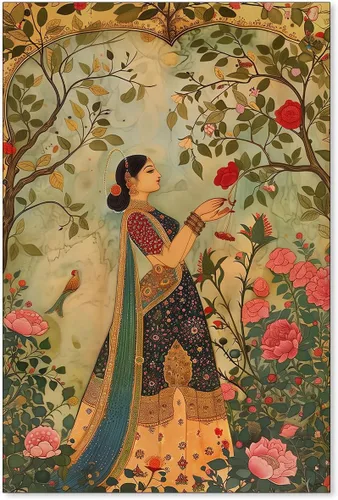 Vista 22 de Haitunone Arte de pared de mujer india paquistaní tradicional, póster de pintura floral feminista estilo mogol, impresiones en lienzo para sala