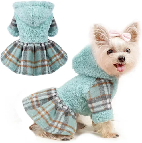 Vista 12 de Suéteres para perros pequeños para niñas, vestido de invierno para cachorros, sudadera con capucha de forro polar, ropa cálida para mascotas