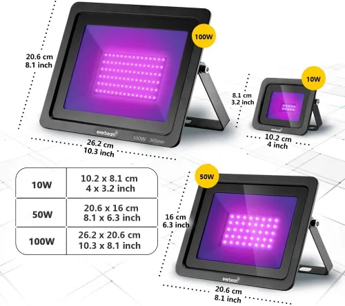 Vista 3 de Everbeam Luz Negra LED UV de 365nm 50W - Bombillas LED de Alto Rendimiento, Impermeable IP66 - Iluminación de Inundación Ultravioleta para Acuario