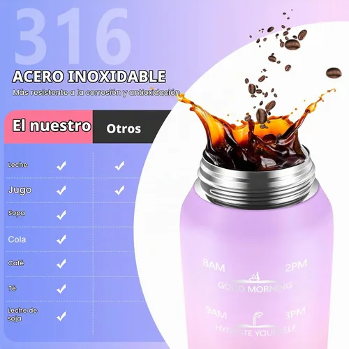 Vista 4 de SLUXKE Botella de agua aislada de acero inoxidable de 32 onzas con asa, botella aislada de doble pared de 1 litro con marcador de tiempo libre