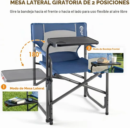 Vista 4 de Portal Silla de director plegable con mesa auxiliar giratoria de 2 vías, silla de campamento resistente de 300 libras con bandeja giratoria y Azul