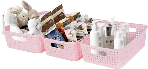 Vista 6 de Paquete de 8 cubos pequeños de organización y almacenamiento de despensa, organizadores domésticos para lavandería, baños, dormitorios, cocinas, Rosa