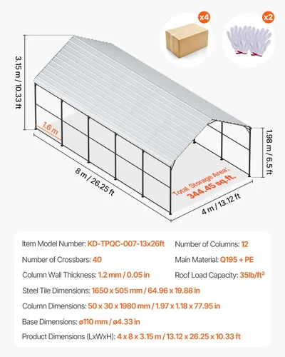 Vista 39 de VEVOR Cobertizo Tienda de Almacenamiento Exterior Portátil Resistente de 6 x 8 x 7 pies, Refugio de Cochera Garaje Impermeable con Puerta Enrollable