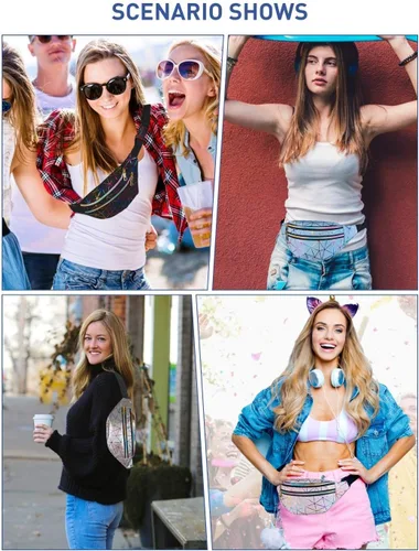 Vista 7 de Livacasa - Cangurera holográfica linda, brillante e impermeable para mujer, cangurera para viajes, fiestas, festivales, correr y senderismo)