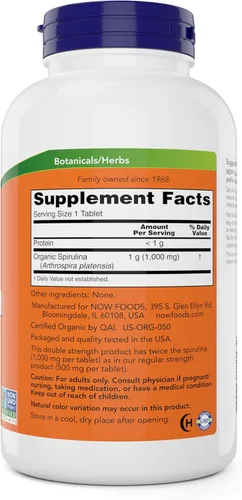 Vista 2 de NOW Foods Tabletas de Espirulina Orgánica 1000mg - 300 unidades - Suplemento de Superalimento Verde Integral, Doble Fuerza - Sin OMG