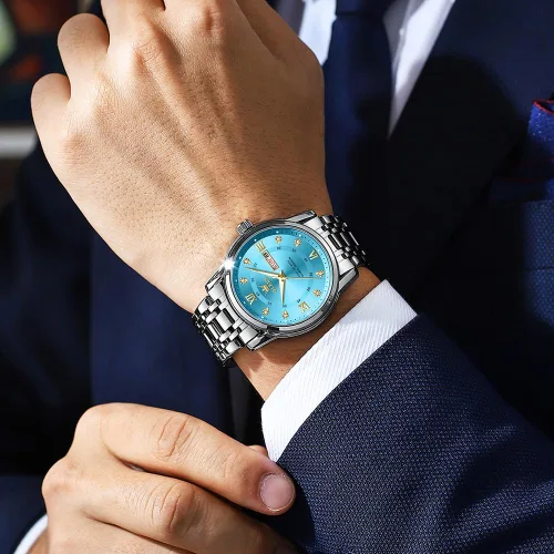 Vista 3 de OLEVS Reloj para hombre clásico vestido de negocios analógico cuarzo acero inoxidable impermeable luminoso fecha diamante hombres reloj de plata