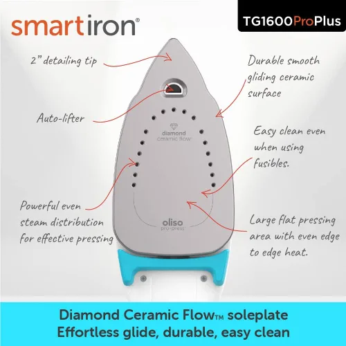 Vista 7 de Oliso TG1600 Pro Plus SmartIron de 1800 vatios con elevación automática y protector de suela de hierro de silicona Oliso Solemate y cubierta