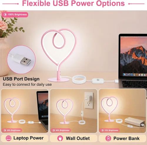Vista 4 de Lámpara de Mesa Rosa, Lámpara de Escritorio Corazón Ajustable Sin Escalas 3CCT 2700K/4000K/6500K con Adaptador USB, Pequeña Lámpara de Noche