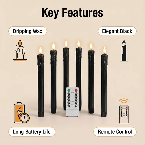 Vista 4 de Eywamage Velas cónicas sin llama de cera negra con control remoto, velas LED parpadeantes de cera que funcionan con pilas, juego de 6