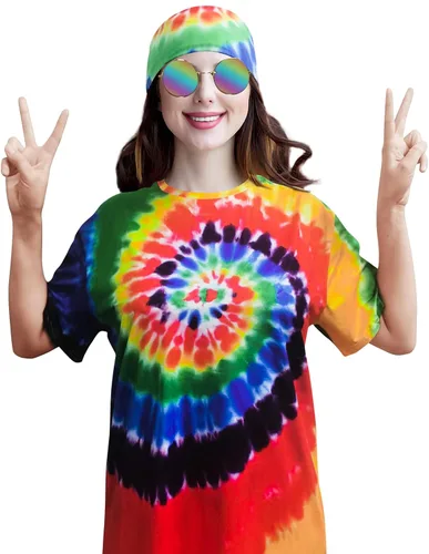 Vista 3 de Disfraz hippie para hombres y mujeres, camiseta colorida de los años 60 y 70, gafas de sol, diadema, collar de la paz, fiesta temática de 4 piezas