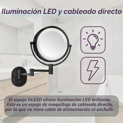 Vista 8 de JERDON Espejo de maquillaje de montaje en pared con cableado - 5X/1X - Negro - HL65BKD Alambre directo negro