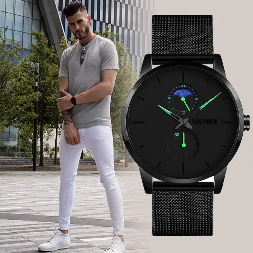 Vista 3 de SKMEI Black Watches for Men Fashion Minimalist Waterproof Ultra-Thin Analog Quartz Moon Phase Stainless Steel Mesh Band Wristwatch for Men