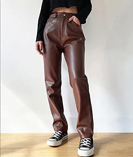 Vista 2 de Pantalones de piel sintética para mujer, cintura alta, pierna recta, pantalones de poliuretano vintage Y2k, ropa de calle sexy y holgada