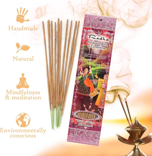 Vista 6 de Prabhuji's Gifts Radha, Bhagavan, Govardhana Varillas de incienso espiritual enrolladas a mano – Varillas aromáticas – para meditación, yoga