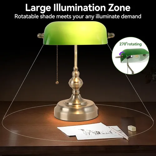 Vista 3 de Lámpara de escritorio de banquero de cristal verde, lámparas de escritorio antiguas con puerto de carga USB, lámpara tradicional de biblioteca