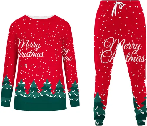 Vista 5 de Trajes navideños dos piezas para mujer, camisa estampada de Navidad, manga larga, pantalones con cordón, chándal para correr