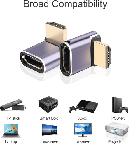 Vista 6 de Adaptador HDMI 8K de 90 grados, paquete de 2 adaptadores de ángulo recto HDMI 2.1 macho a hembra de 48 Gbps compatible con 8K @60Hz, 4K @120Hz, HDR