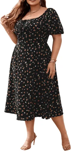 Vista 4 de Floerns Vestido midi con estampado floral y cuello cuadrado y lazo frontal para mujer