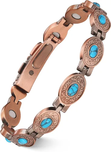 Vista 20 de Feraco Pulseras de Cobre Puro para Mujeres, Pulsera Magnética de Ultra Fuerza con Imanes de 3800 Gauss y Turquesa Natural y Piedras, Ajustable