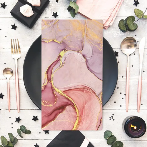 Vista 3 de AnyDesign Paquete de 100 servilletas desechables de mármol para invitados, servilletas de papel elegantes color rosa dorado marmoleado para cena