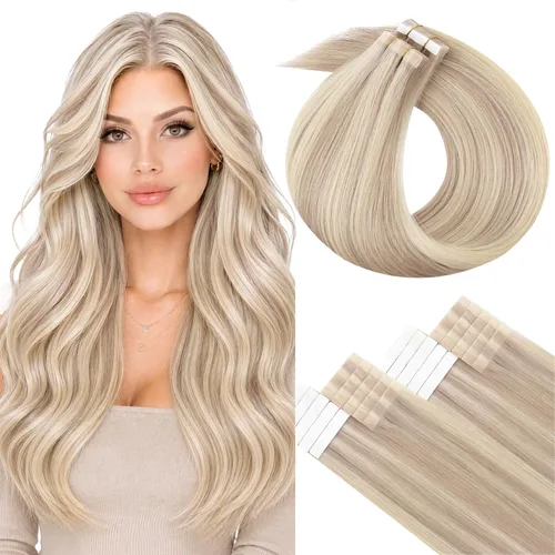 Vista 11 de LaaVoo - Extensiones de cabello humano con cinta adhesiva, color marrón a rubio ceniza, extensiones de cabello humano real, cintas en extensiones