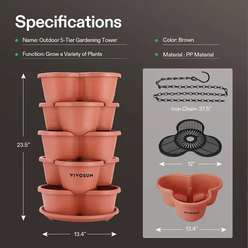 Vista 5 de VIVOSUN - Jardinera vertical apilable de 5 niveles para fresas, flores, hierbas y verduras, color marrón