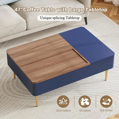 Vista 8 de HLR Mesa auxiliar de doble elevación de 47 pulgadas con almacenamiento, moderna mesa de centro de madera acanalada con compartimento oculto, mesa