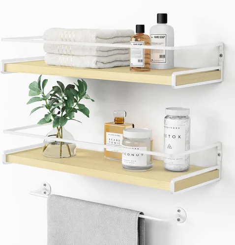 Vista 10 de Forbena - Estantes flotantes de baño montados en la pared, estantes blancos y dorados estéticos para accesorios de baño, organizador de baño moderno