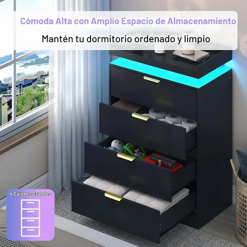 Vista 3 de UNIQUITE Cómoda negra con luces LED y toma de corriente, cómoda alta de madera con 4 cajones para dormitorio, cómoda moderna para dormitorio