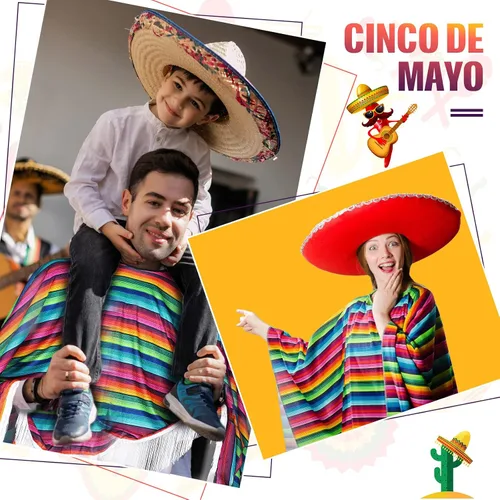 Vista 4 de Poncho de serape para fiesta mexicana del Cinco de Mayo, accesorio colorido para disfraz, divertido y festivo, poncho mexicano para hombre, disfraz
