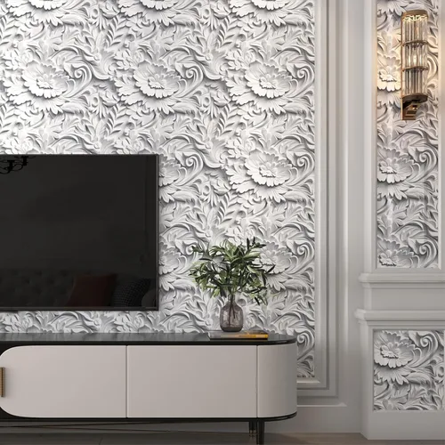 Vista 4 de Papel tapiz floral 3D de imitación para despegar y pegar, papel tapiz moderno de plasto de plástico con flores grandes, papel de contacto blanco