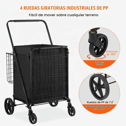 Vista 4 de VEVOR Carrito de compras plegable con forro impermeable extraíble, carrito de comestibles jumbo de gran capacidad de 330 libras con canasta doble