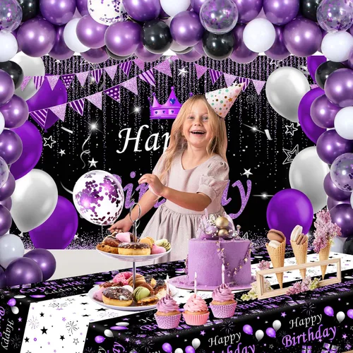 Vista 5 de Decoraciones de fiesta moradas y negras para mujeres, decoraciones de cumpleaños moradas para niñas y hombres con mantel de fondo de feliz