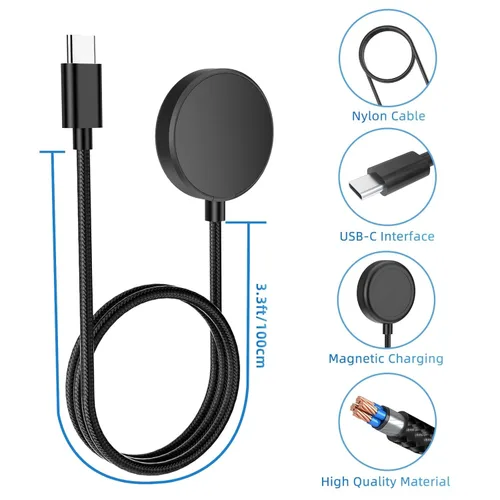 Vista 2 de Cargador USB-C de 3.3 pies compatible con Samsung Galaxy Watch 8/8 Classic/7/Ultra/6/6 Classic/5/5 Pro/4/4 Classic/3/Active 2/Active, cable de carga